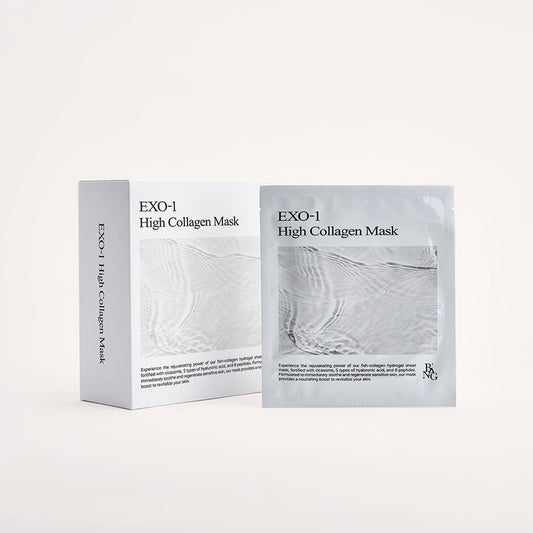 TUPS EXO-1 High Collagen Mask product packaging, showing both the box and individual sheet mask, designed to deliver intensive collagen care for skin rejuvenation and hydration