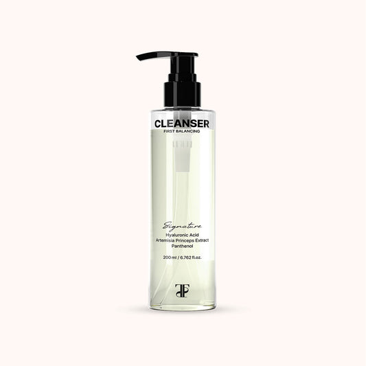Clear pump bottle of Cleanser First Balancing by TUPS Laboratories, 200ml size, displayed against a light background