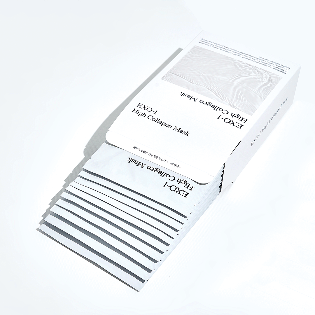 Opened box of EXO-1 High Collagen mask, showing the 10 mask-quantity inside the box