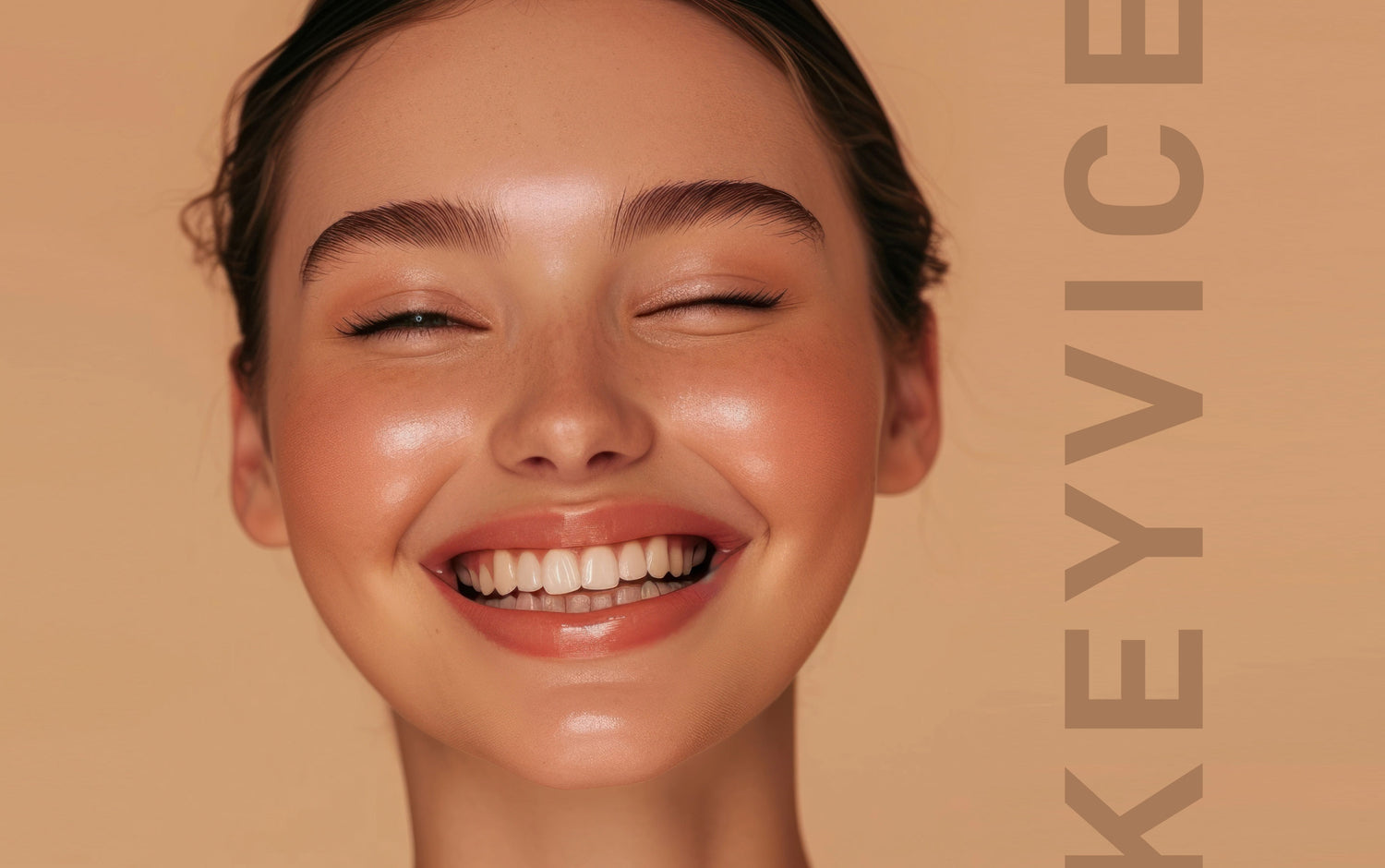 Smiling woman with glowing skin on beige background, representing Keyvice KOL Interest campaign for medical practitioners