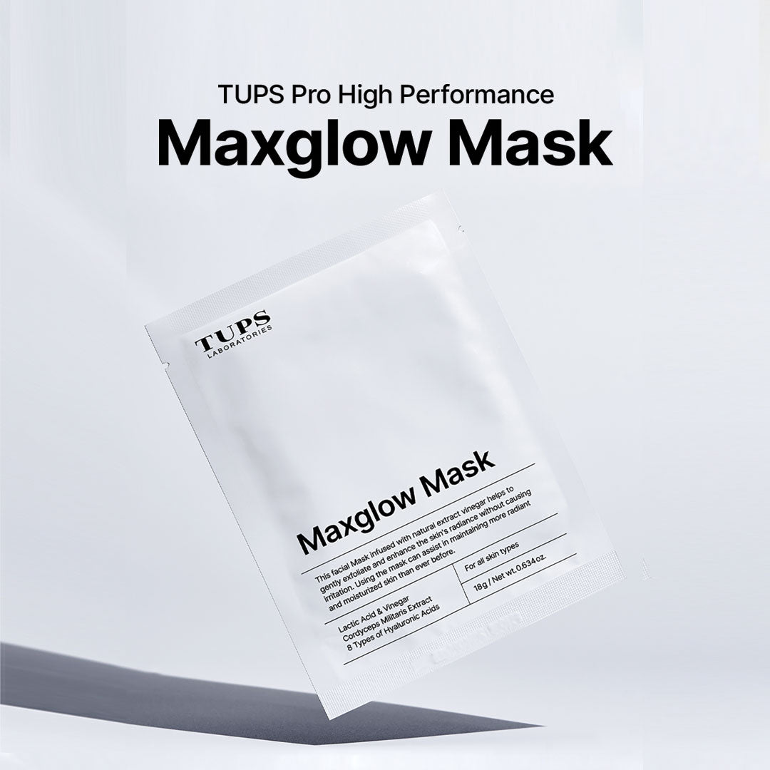 TUPS Pro High Performance Maxglow Mask sachet displayed at an angle against a white background. The mask contains lactic acid, vinegar, Cordyceps Militaris extract, and eight types of hyaluronic acids to exfoliate, hydrate, and boost skin radiance for all skin types