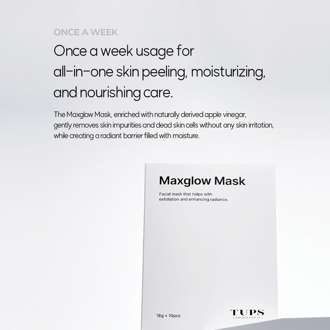 TUPS Maxglow Mask packaging with text describing once-a-week use for skin peeling, moisturizing, and nourishing care. The mask contains naturally derived apple vinegar to gently remove impurities and dead skin cells without irritation, leaving skin radiant and moisturized