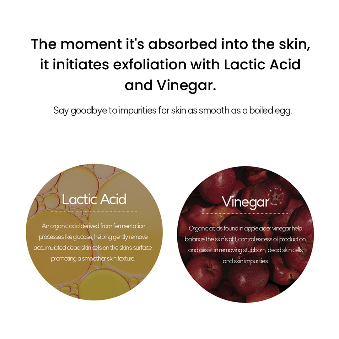 Graphic highlighting exfoliation benefits of lactic acid and vinegar. Lactic acid is described as an organic acid from fermentation that removes dead skin cells for smoother texture. Vinegar, shown with apple imagery, balances skin pH, controls oil, and removes stubborn impurities