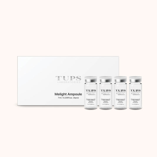 TUPS Laboratories Melight Ampoule set, featuring a white product box and four clear glass vials with silver caps, each labeled with the product name and details