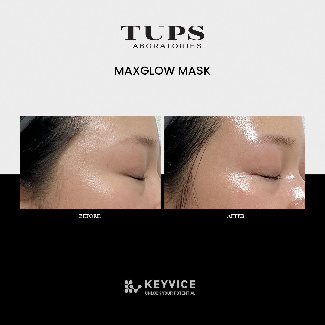 Before-and-after comparison of skin using TUPS Laboratories Maxglow Mask, showing improved smoothness, radiance, and glow. 'Before' image displays a matte finish, while 'After' image reveals a visibly brighter, hydrated complexion. Keyvice logo is displayed below