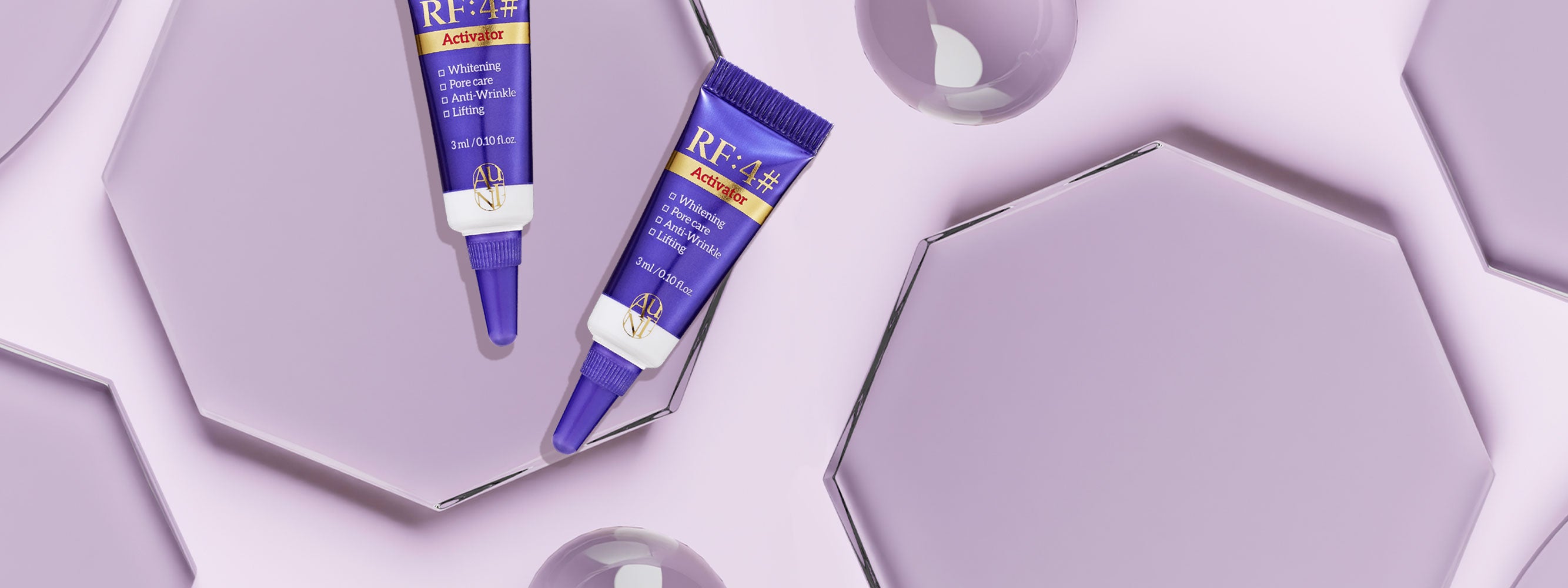 Two tubes of RF:4# Activator skincare serum for whitening, pore care, anti-wrinkle, and lifting, on a light purple geometric background.