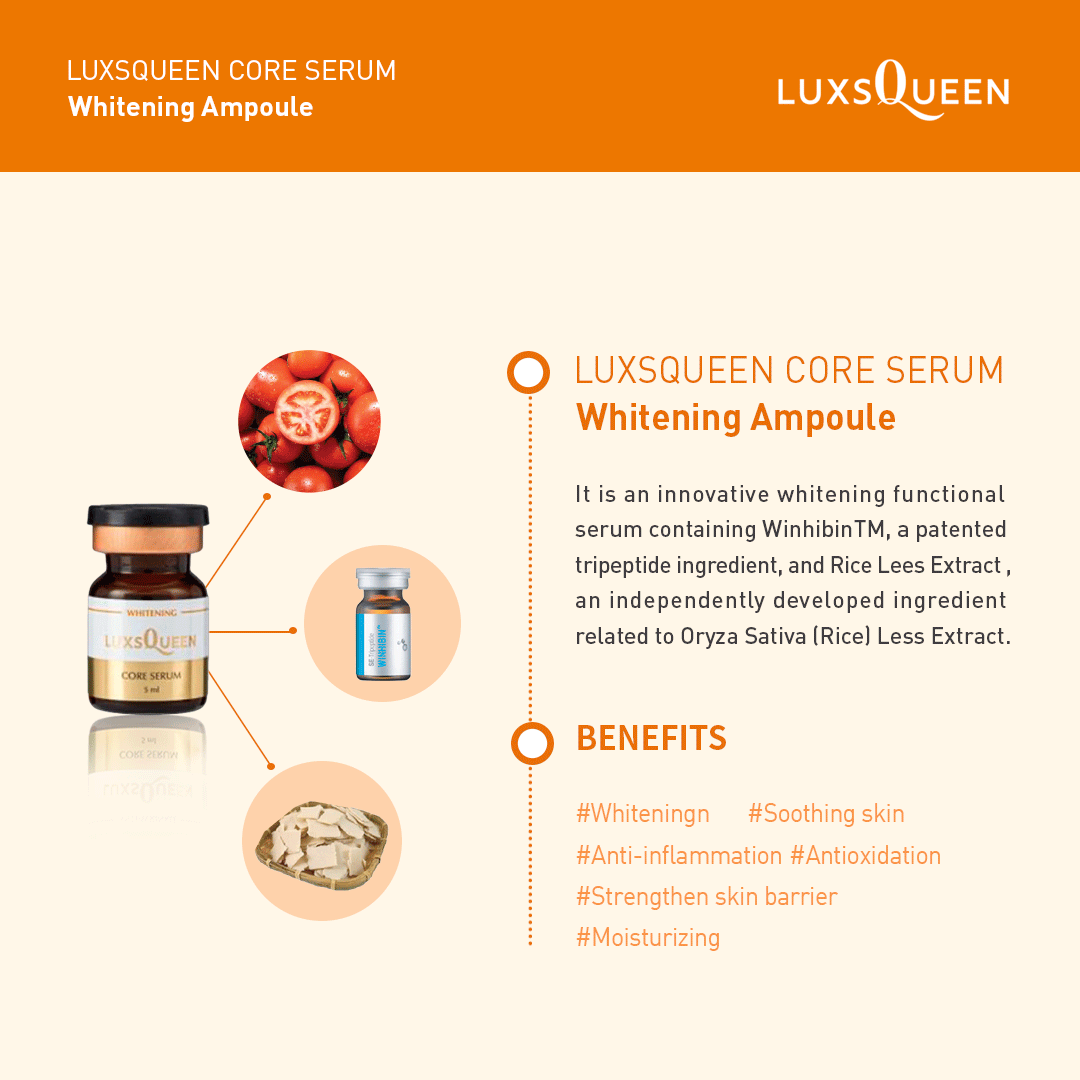Luxsqueen Whitening Ampoule with Winhibin⢠patented tripeptide and Rice Lees Extract, offering whitening, soothing, anti-inflammatory, antioxidation, skin barrier strengthening, and moisturizing benefits