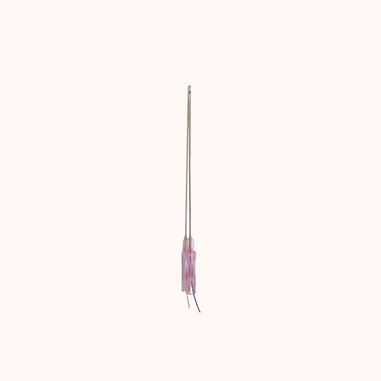Close-up of a pink-handled PDO 18 Lift thread needle with two attached surgical threads, positioned vertically against a light beige background