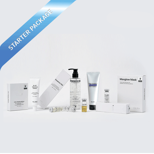 TUPS Laboratories Starter Package featuring a complete skincare set, including A.B.L Pollution Refiner, M-GF Intensive Cream, Skin Barrier Focusing Essence Gel,  Gel Cleanser, Maxglow Mask, M-GF, Ageless and Melight ampoules