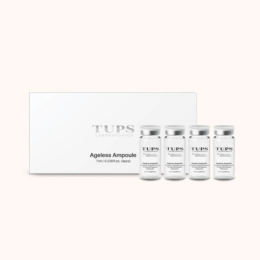 TUPS Laboratories Ageless Ampoule set, featuring a white box with silver logo and four 7ml glass vials arranged in front, designed for advanced skincare treatment