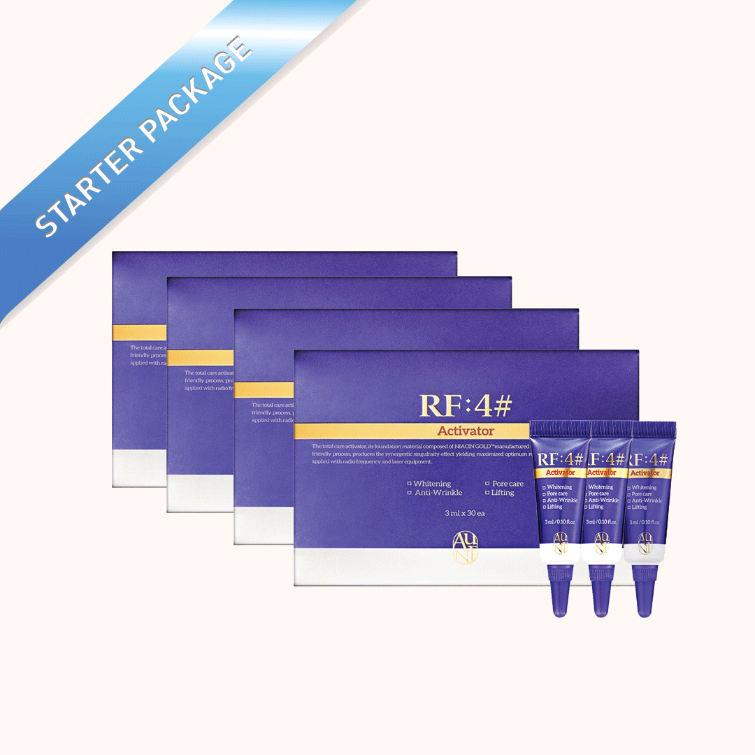 "RF:4# Starter Package featuring four purple and white boxes of RF:4# Activator with gold accents, accompanied by three matching 3ml tubes. Designed for whitening, anti-wrinkle care, pore care, and lifting."