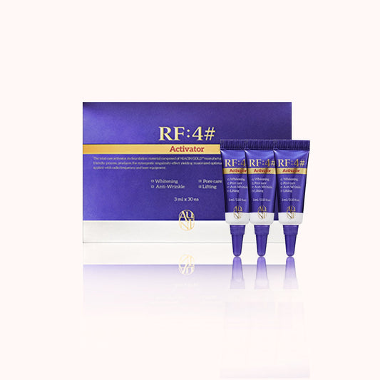 RF:4# Activator skincare set featuring a purple and white box with gold accents, displayed alongside three matching purple squeeze tubes labeled for whitening, anti-wrinkle, pore care, and lifting benefits