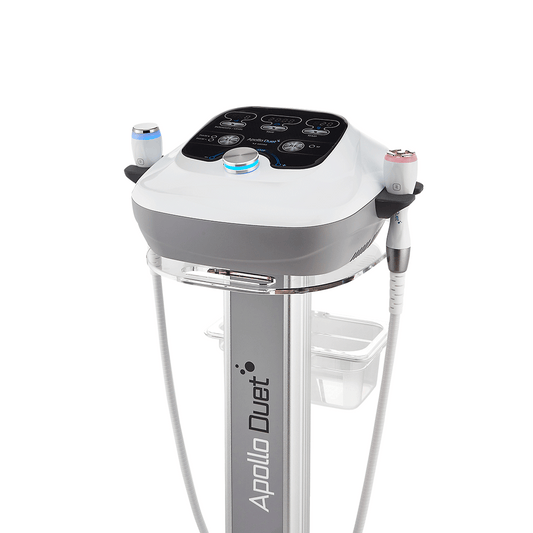 Apollo Duet professional skincare device featuring a sleek control panel and dual handpieces for advanced facial treatment- radiofrequency and electroporation