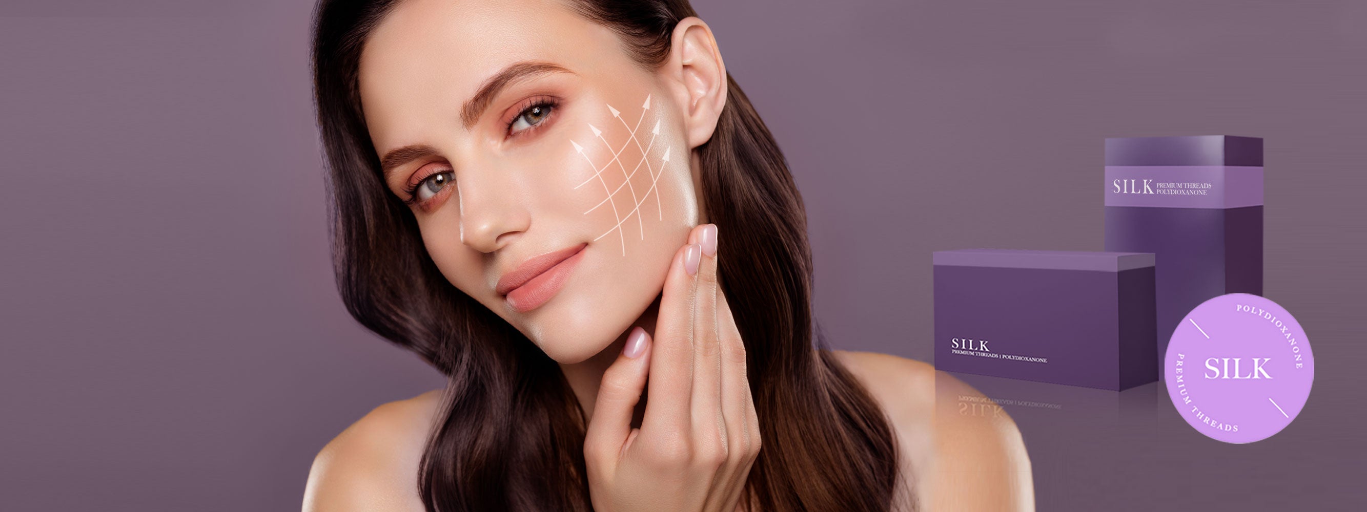 Silk PDO promotional image with female model showing PDO thread direction lines on cheek, alongside two purple Silk PDO packages and logo.