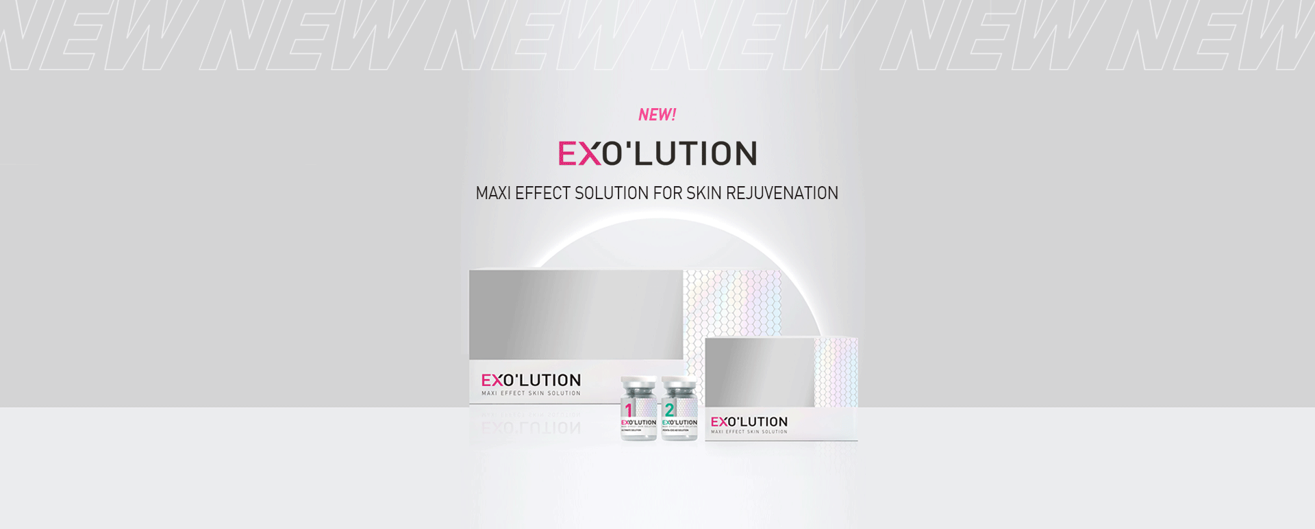 EXO'LUTION skincare packaging with Vial 1 skin booster (61 ingredients) and Vial 2 Plant Exosome complex, on a light gray background.