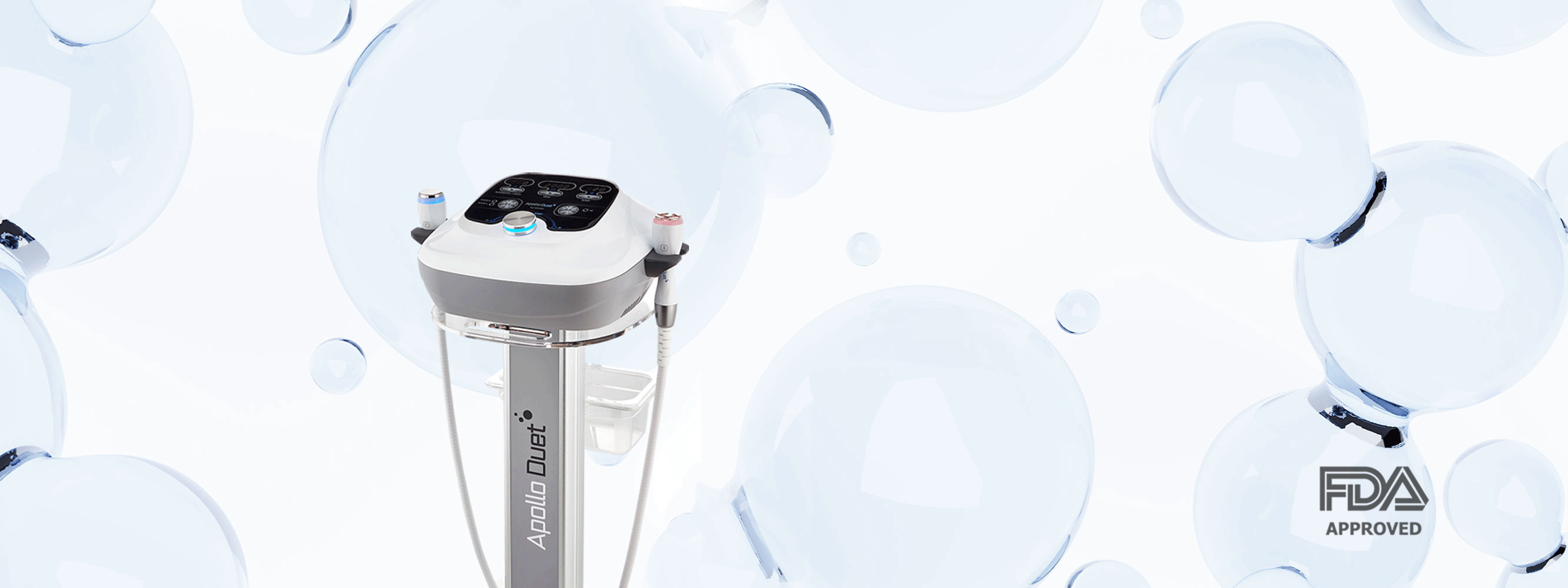Apollo Duet skincare treatment device with dual handpieces Radiofrequency and electroporation, shown against a white background with translucent bubbles, FDA approved logo displayed.