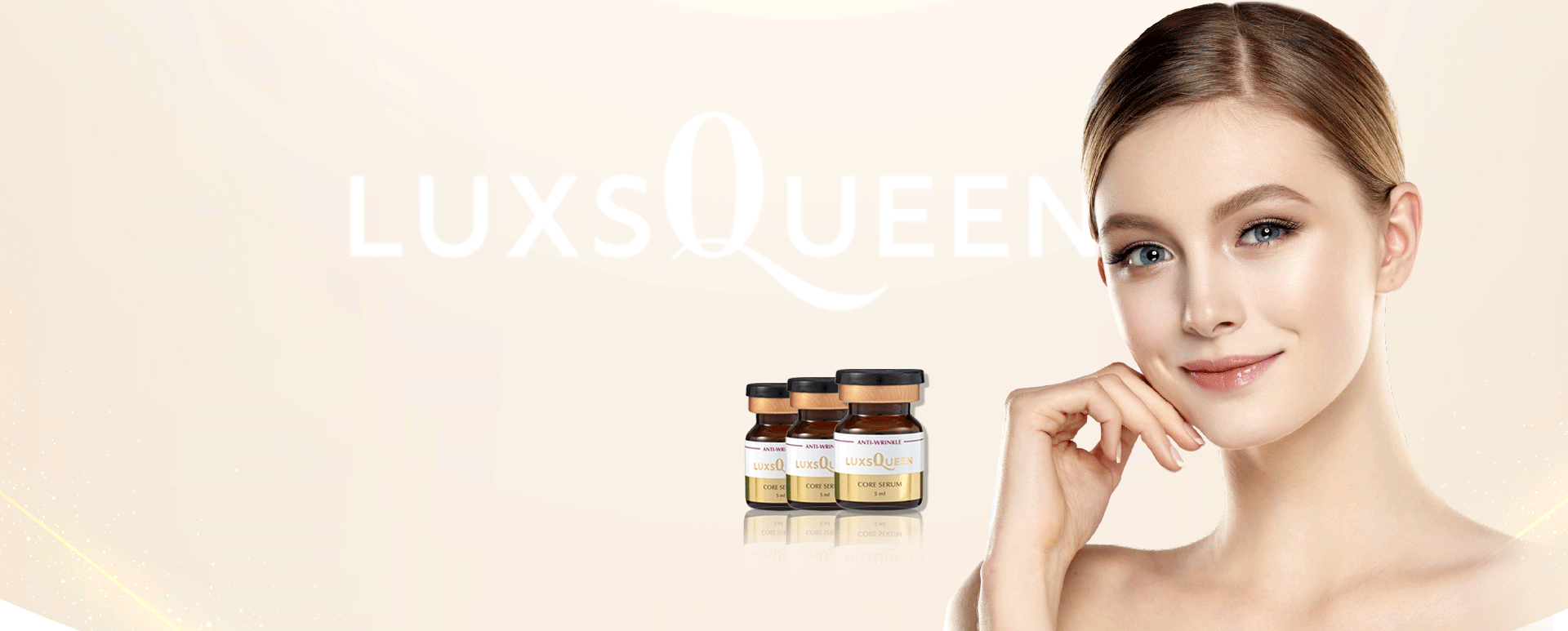Luxsqueen Anti-Wrinkle Core Serum promotional image with three vials, alongside a young woman with flawless skin.