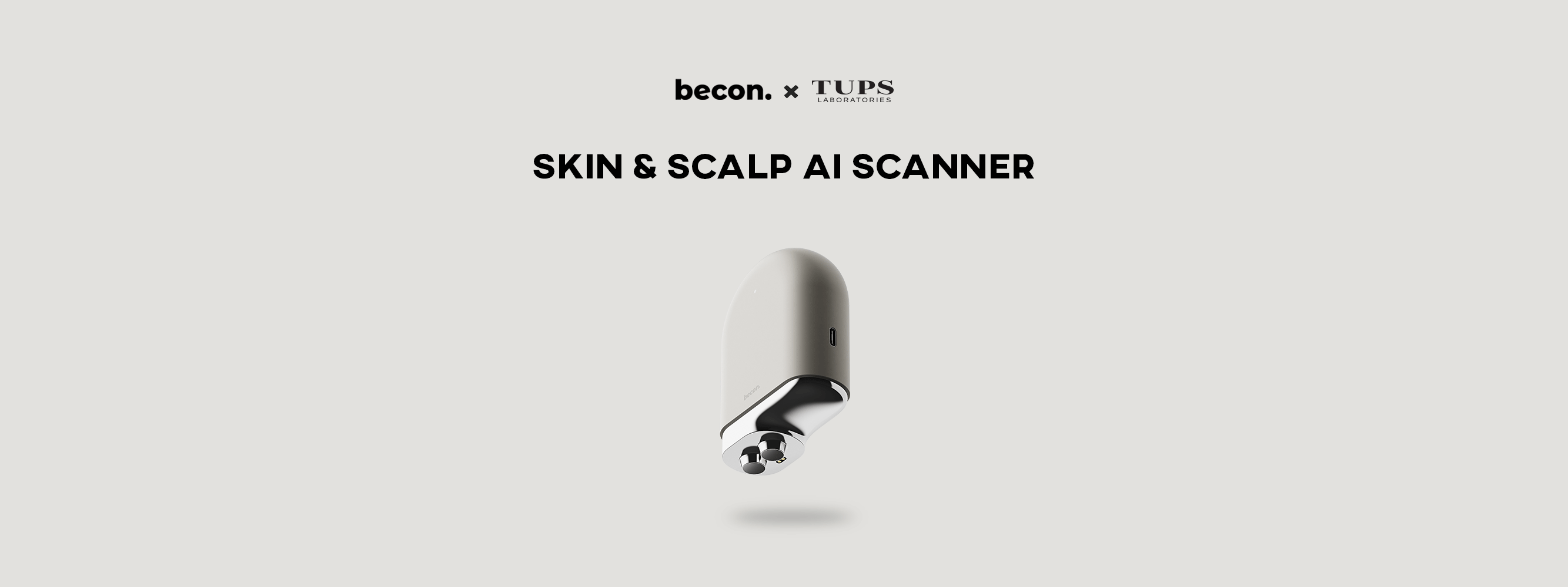 Becon AI Skin & Scalp Scanner promotional image with opened device, featuring Becon and TUPS logos on top.