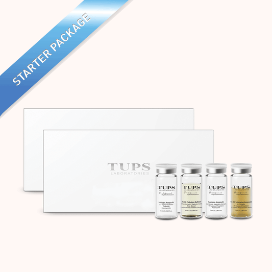 Keyvice TUPS Laboratories Starter Package featuring two white product boxes and four 7ml skincare ampoules β Melight, A.B.L Pollution Relief, Ageless, and MGF Intensive