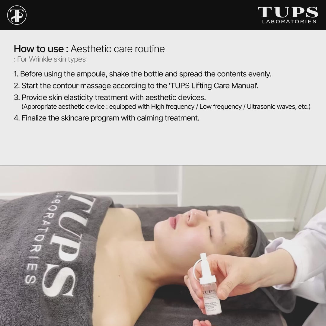TUPS Aesthetic Care Routine emphasizing TUPS products with device usage, with steps including shaking the bottle and spreading the content evenly, contour massaging according to the TUPS Lifting care manual, providing skin elasticity treatment with devices, and finalizing the program with calming treatment