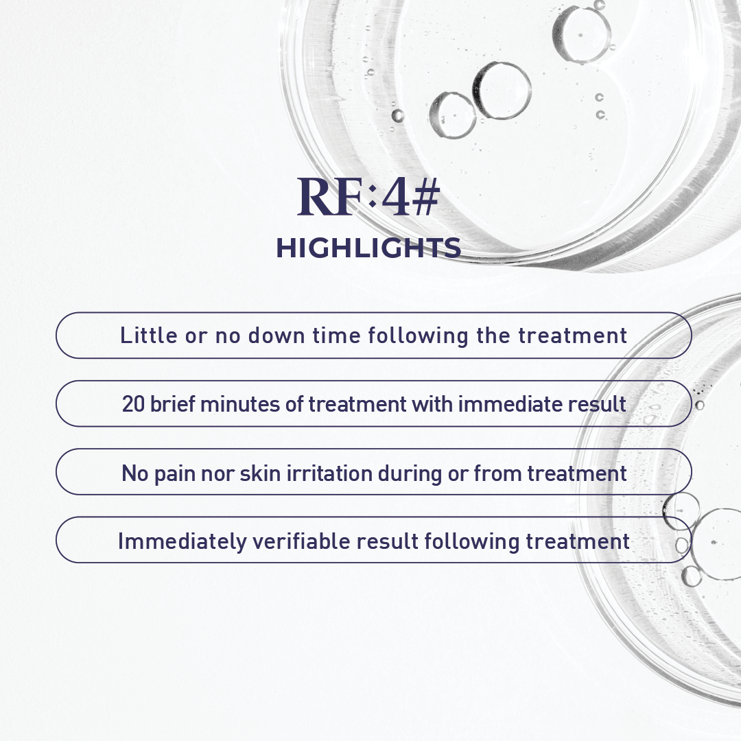 RF:4# Highlights graphic with clear gel and bubbles in the background. Key points listed: little or no downtime after treatment, 20-minute treatment with immediate results, no pain or skin irritation during or from treatment, and immediately verifiable results after treatment.
