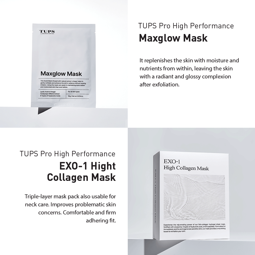 TUPS Pro High Performance Maxglow Mask to replenish moisture and nutrients for a radiant complexion, and EXO-1 High Collagen Mask with a triple-layer design for face and neck care, improving skin firmness and addressing problematic skin