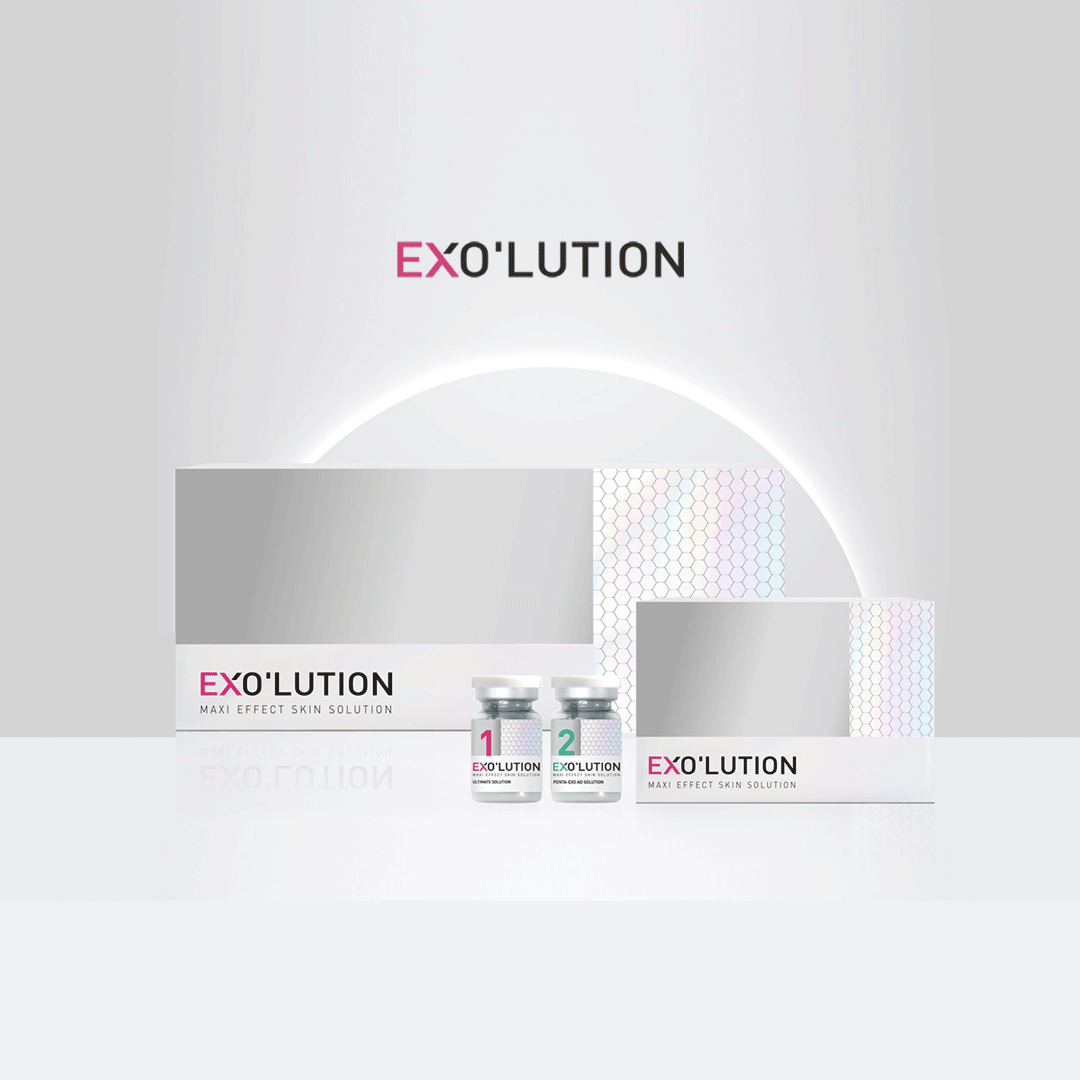 Exo’lution skincare ampoule from Korea, combining exosomes with various active ingredients, with product box and vial shown on geometric background