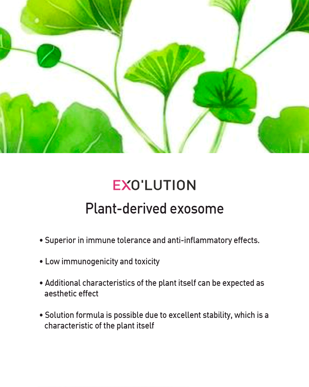 Exo’lution plant-derived exosome benefits, including strong immune tolerance, anti-inflammatory effects, low immunogenicity and toxicity, added aesthetic effects from plant properties, and stable solution formulation