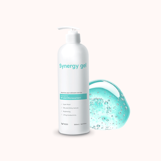 Synergy Gel 500ml for RF and microcurrent treatments, providing super moisture, silky texture, brightening, and lifting conductivity