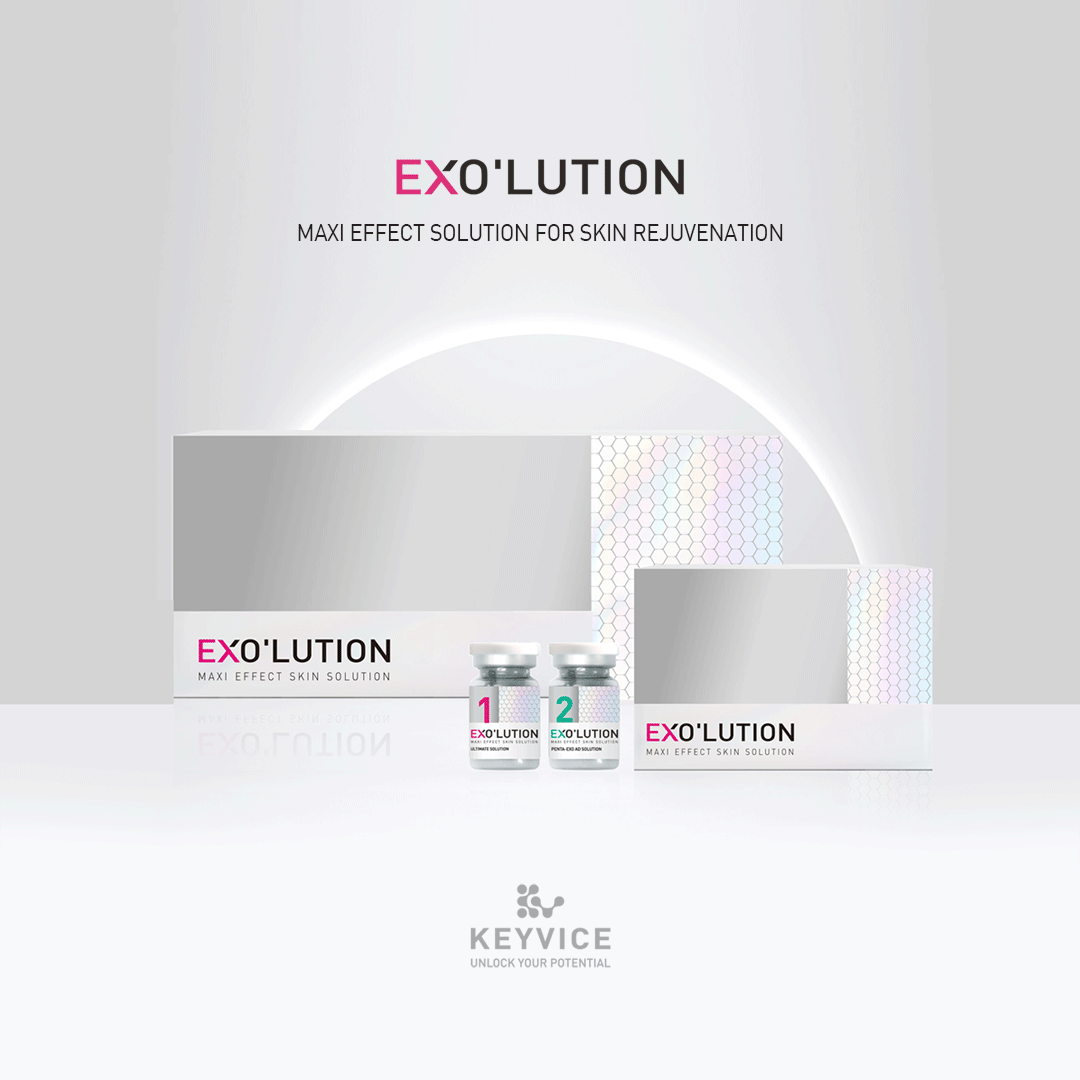 Exo’lution skincare ampoules from Korea with exosomes and skin-type-specific boosters, shown in 4-vial and 1-vial box sets with Keyvice logo