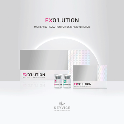 Exo’lution skincare ampoules from Korea with exosomes and skin-type-specific boosters, shown in 4-vial and 1-vial box sets with Keyvice logo