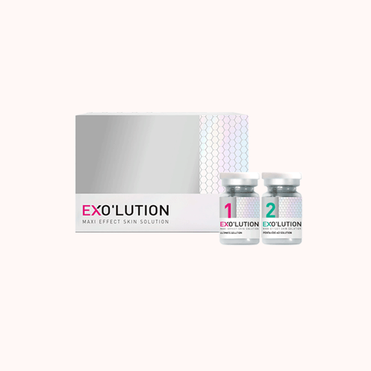 Exo’lution skincare ampoule from Korea, combining exosomes with various active ingredients, with product box and vial shown