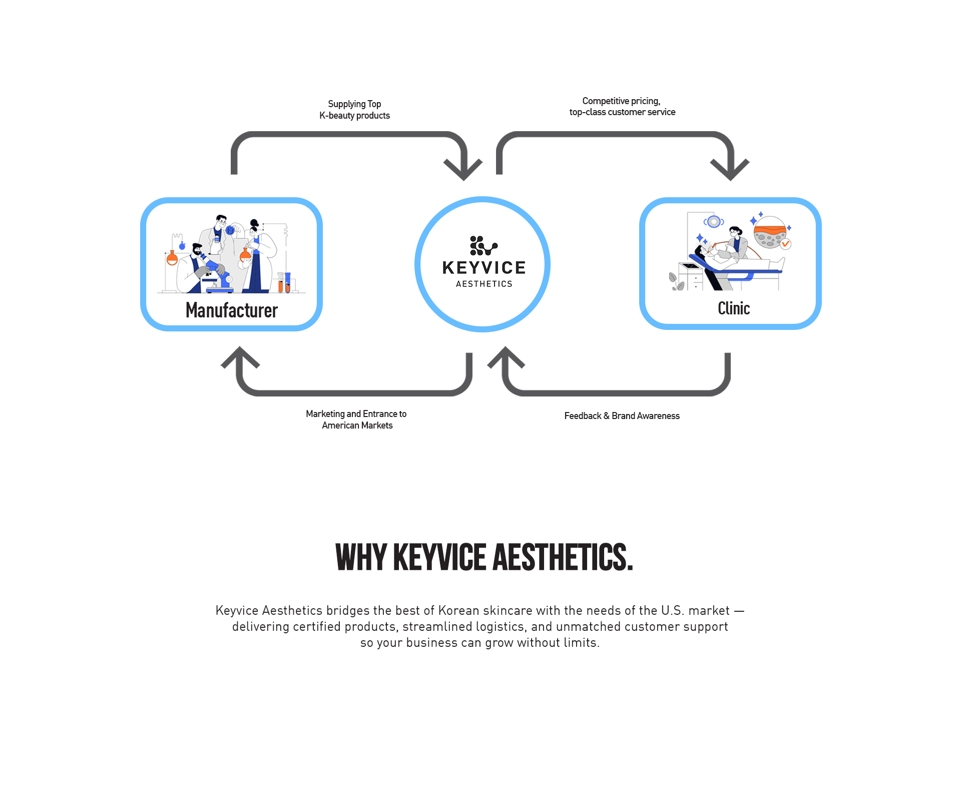 Diagram of Keyvice Aesthetics' business model with icons and text on a white background