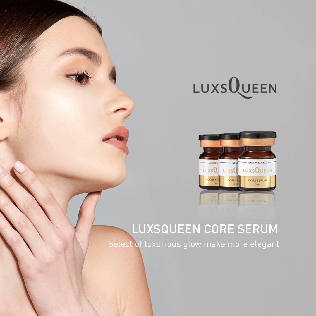 Luxsqueen Core Serum promotional image featuring a woman with radiant skin touching her neck, alongside three bottles of the serum and brand logo on a gray background